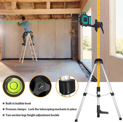 Telescoping Laser Level Pole With Adjustable Tripod Mount Up To Three Point Seven Meters Or Twelve Point One Four Feet For Rotating Laser Levels Includes Quarter Inch By Twenty Inch Laser Pole Mount And Five Eighths By Eleven Adapter Nut in use on construction site