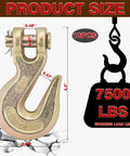 10 Piece Three Eighth Inch Clevis Grab Hooks Set, Grade 70 Forged Steel With Yellow Chromate Finish, Beefed Up Heavy Duty Chain Hooks For Trailer And Truck Tie Downs, Corrosion Resistant, 7500 Lbs Capacity, dimensions showing product size and load limit