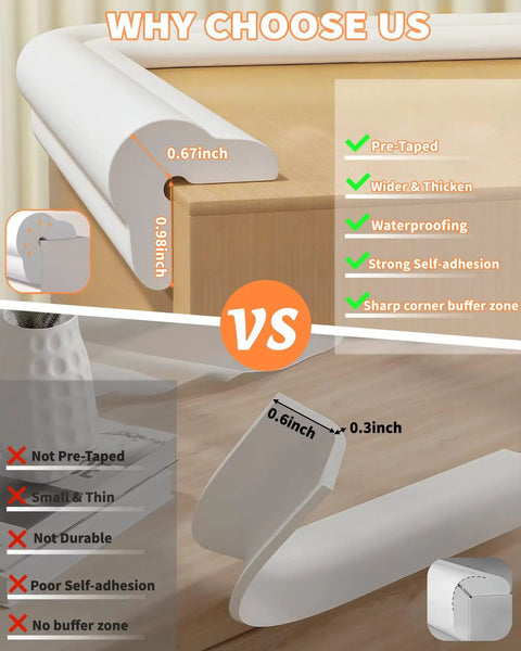 Heavy Duty Baby Corner Guards And Edge Protectors With No Fuss Peel And Stick Prep For Tot Approved Spaces Plus Extra Thick Rubber Foam Air Cushion Side Bumpers For Running Kids, comparison image detailing measurements.