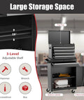 Five Drawer Rolling Tool Chest With Detachable Top Box, Locking Wheels, Adjustable Shelves, Liner, And Heavy Duty Metal Tool Cart For Garage Workshop Pro, showing drawers open with tool illustrations and labels for large storage space.