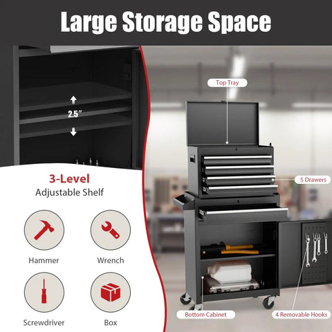 Five Drawer Rolling Tool Chest With Detachable Top Box, Locking Wheels, Adjustable Shelves, Liner, And Heavy Duty Metal Tool Cart For Garage Workshop Pro, showing drawers open with tool illustrations and labels for large storage space.