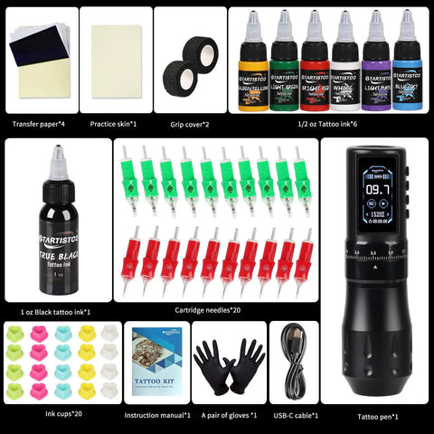 Wireless Tattoo Pen Kit With 2000mAh Cordless Battery Pro Style Practice Set Including 20 Cartridges and 6 Color Inks