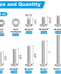 8-32 Phillips Pan Head Machine Screws Nuts Washers Set In 304 Stainless Steel Coarse Full Thread 200-Piece Assortment From 1/4 To 1-1/4 Inch For Quick DIY Fixes Durable Versatile For Home Repairs Metalworking And Hobby Projects with various sizes and quantities displayed