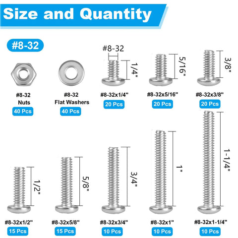 8-32 Phillips Pan Head Machine Screws Nuts Washers Set In 304 Stainless Steel Coarse Full Thread 200-Piece Assortment From 1/4 To 1-1/4 Inch For Quick DIY Fixes Durable Versatile For Home Repairs Metalworking And Hobby Projects with various sizes and quantities displayed