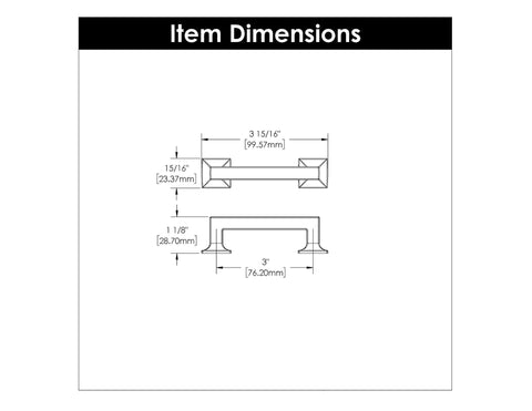 Dimensions diagram for Studio Collection Cabinet Pull Three Inch Center To Center Oil Rubbed Bronze Highlighted Finish