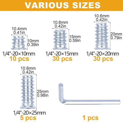 1/4-20 Threaded Wood Inserts Kit With 75 Pieces, Hex Drive Nut Inserts shown in 10mm, 15mm, 20mm, 25mm sizes with clear tool