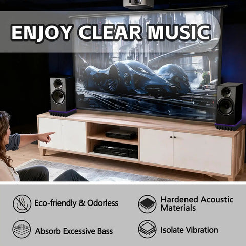 Home theater setup with Studio Monitor Isolation Pads 2 Pack For 3 To 4.5 Inch Speakers 9 By 6.3 By 2 Inches Subwoofer Wedge