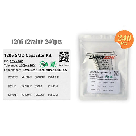 1206 SMD Ceramic Capacitor Assortment Kit, 240 Pieces packaging and specifications, 12 Values MLCC, 100pF to 22uF X7R capacitors