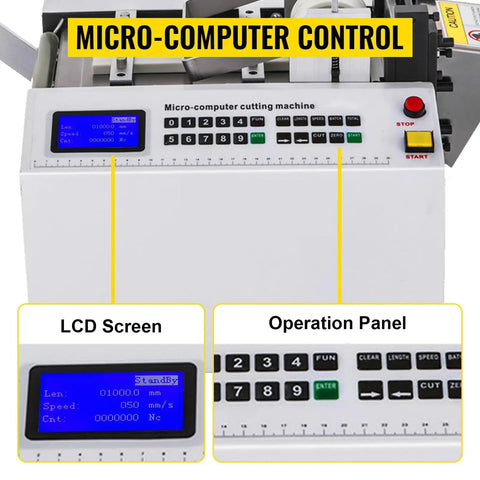 YS-100 Auto Heat Shrink Tube Cutter Machine With 350W Power And Micro Computer Control System featuring LCD screen and operation panel.