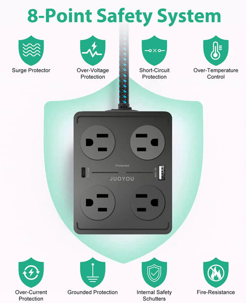 Image of Totally Stacked 8 Outlets Power Strip Surge Protector with 8-point safety system icons.