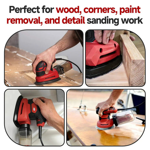 60 Piece Sander Replacement Pads With Hook And Loop Sandpaper Sheets 60 80 120 240 Grit Mix For Mouse Detail Sanders shown in use on wood surfaces.