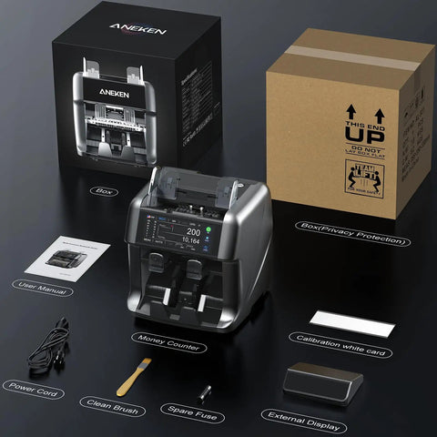 Ultra Series Mixed Denomination Money Counter With Dual Pocket And Reject Pocket 6.9 Inch Full Touchscreen Multi Currency Sorter on table with packaging and accessories
