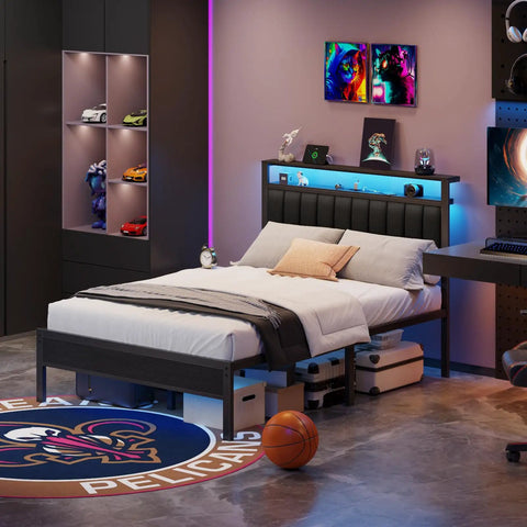 Queen Size Bed Frame With Smart RGB LED Lights And Remote App Control Featuring Over 60000 Custom Colors Quick Charge Hub and Multiple Vibe Settings in a stylish bedroom setup.