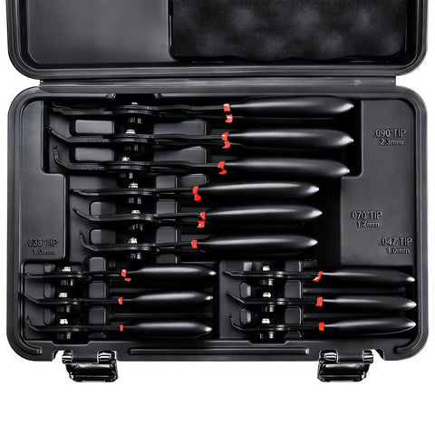 12 Piece Snap Ring Pliers Set For Internal And External Circlips With Straight And Bent Jaw Tips, Includes 0.038 Inch, 0.047 Inch, 0.070 Inch, 0.090 Inch Sizes, 6, 8, 9 Inch Pliers, Pro Grade Circlip Remover Kit, Must-Have Garage Gear in a black case
