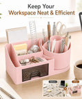 Go To Desk Organizer With Drawer And Pen Holder For Home Office Pink Modern Desktop Storage Box with office supplies