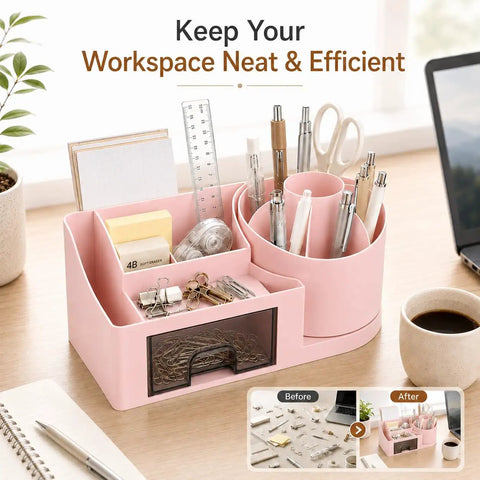 Go To Desk Organizer With Drawer And Pen Holder For Home Office Pink Modern Desktop Storage Box with office supplies