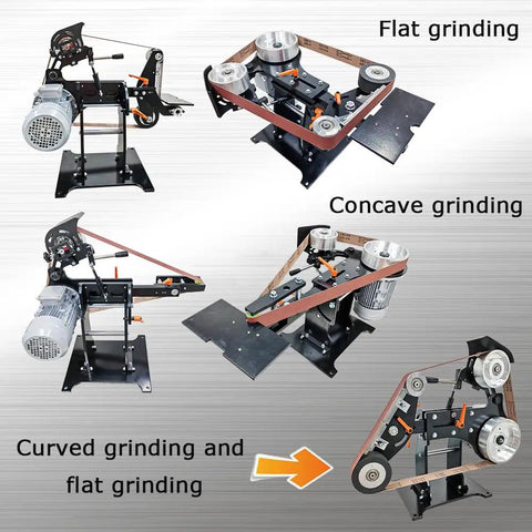 Kick Butt In The Workshop With This 2Hp Variable Speed Belt Sander Grinder showing flat, curved, and concave grinding setups.