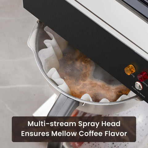 Close-up of coffee brewing with 12-Cup Commercial Drip Coffee Maker With Three Lower Warmers And Glass Decanters, Stainless Steel Finish