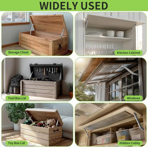 Heavy Duty Soft Close Lid Support Hinges For Toy Boxes And Wooden Chests, Hydraulic 100N, installed on various storage lids