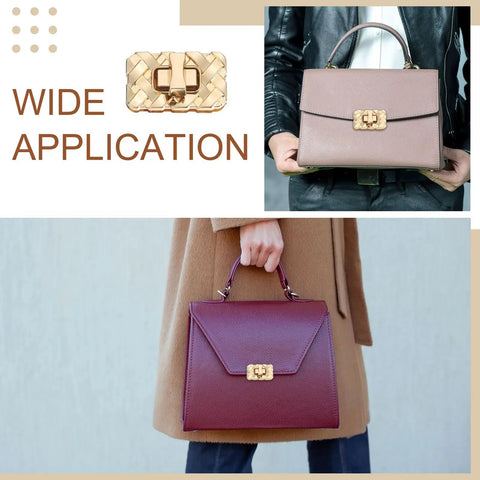 Hella Solid Gold Twist Turn Lock Clasps For Handbags And Purses Heavy Duty Aluminum Alloy displayed on handbag samples.