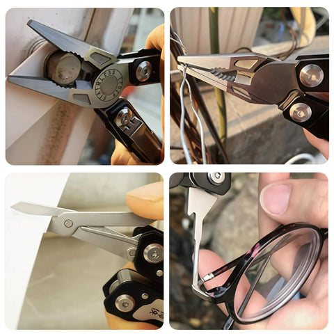 Sixteen-In-One 420 Stainless Steel Multitool Pliers with tools including wire cutters, scissors, and screwdriver in use.