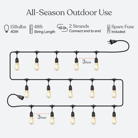 Diagram showing setup of 48 Ft Outdoor String Lights With 15 Vintage Filament Bulbs, highlighting 3 ft spacing and features.