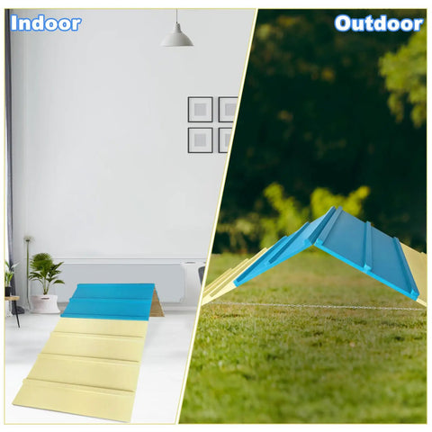 Backyard Dog Agility Course For Small To Medium Dogs, Foldable A-Frame Jump Ramp Kit shown indoors and outdoors