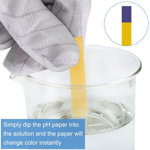 Gloved hand using PH Test Strips 1 To 14 Litmus Paper Kit For Home Lab Water Soil Aquariums Soap Testing 800 Strips In 10 Pack