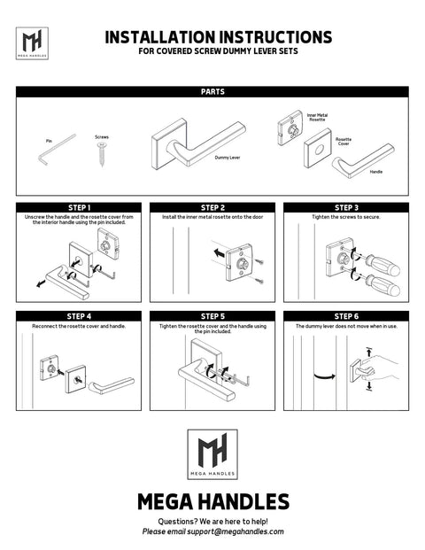 Installation instructions for Rock Solid Satin Nickel Dummy Lever Door Handle Set for closets or French doors.