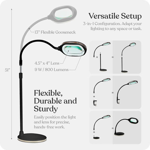 LightView Pro Magnifying LED Desk Lamp With Flexible Gooseneck And 3 In 1 Magnifier, showing lamp setup configurations