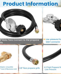 6.5 Ft Propane Regulator And Hose With 90 Degree Elbow Adapter for tabletop griddles, details of connectors and materials shown
