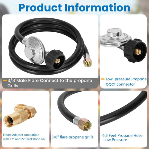 6.5 Ft Propane Regulator And Hose With 90 Degree Elbow Adapter for tabletop griddles, details of connectors and materials shown