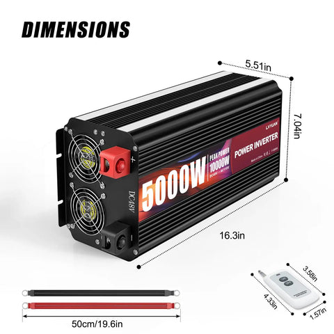 Heavy Duty 5000W Power Inverter Converts 48V To 120V Ac For Rv Truck And Solar Rig With Four Wall Plugs Lcd Panel Wireless Remote and Rock Solid Hardwire Setup with dimensions shown.