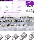50Pcs 304 Stainless Steel Cable Clamps Assortment Kit Without Rubber Cushioned Clamps Includes 6mm 8mm 9mm 13mm And 16mm Sizes Durable Metal Tube Holders For Tubes Pipes And Wires Installation Ideal For Home Workshop And Industrial Cable Management, shown in a transparent box with separate compartments.