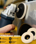 Heavy Duty 3 Inch Wool Felt Polishing Pads For Angle Grinders used on a metal surface with visible plug for buffing and detail.