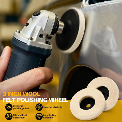 Heavy Duty 3 Inch Wool Felt Polishing Pads For Angle Grinders used on a metal surface with visible plug for buffing and detail.