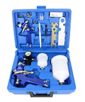 Open case showing HVLP Gravity Feed Spray Gun Set With Locking Regulator Gauge, Dual Head Nozzles 0.8mm 150ml And 1.4mm 600ml