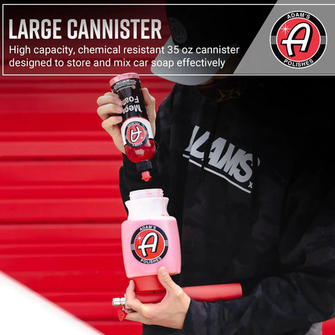 Person pouring soap into 35 oz canister of Foam Gun Car Wash Sprayer For Garden Hose No Pressure Washer Needed Quick Easy