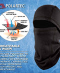 Winter Balaclava for Cold Weather Fire Resistant FR Compliant Meets ASTM F1506 and NFPA 2112 Arc Rated CAT 2 9.4 Cal Per Sq Cm ATPV Thermal Protection Hinged Design for Versatile Wear and Warmth Worksite Ready; Polartec fabric diagram showing breathability and warmth features.