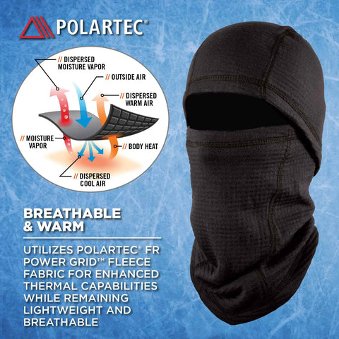 Winter Balaclava for Cold Weather Fire Resistant FR Compliant Meets ASTM F1506 and NFPA 2112 Arc Rated CAT 2 9.4 Cal Per Sq Cm ATPV Thermal Protection Hinged Design for Versatile Wear and Warmth Worksite Ready; Polartec fabric diagram showing breathability and warmth features.