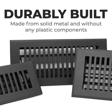 Contemporary Solid Cast Aluminum Vent Cover With Adjustable Dampers For Easy Airflow Control At Home, Matte Black Finish, Interior Register Fits 6 x 10 Inch Openings (Face Size 7.25 x 11.5 Inches), Built To Last Modern Look. Three vent covers displayed.