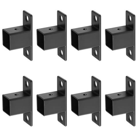 Eight Pack Workhorse Square Post Flange Base Brackets For One Inch Square Tubing, matte black with prepunched holes.