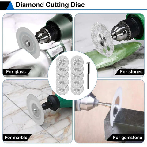Diamond cutting disc kit for Dremel rotary tools, 45 pcs with 6 mandrels; for glass, stone, marble, gemstone.