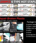 Image showing 70W Hot Stapler Plastic Welding Kit with 1200 staples, pliers, scraper, and usage instructions for various repairs.