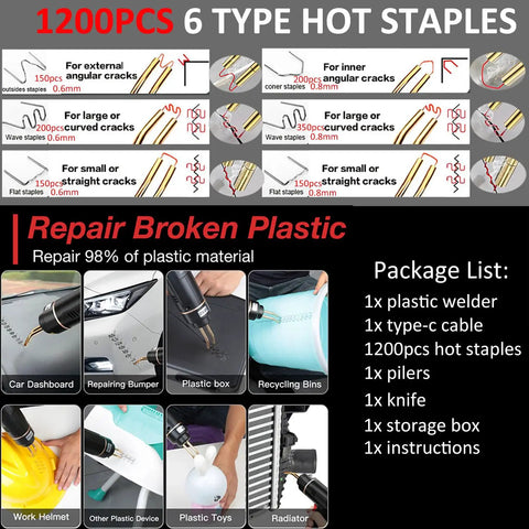 Image showing 70W Hot Stapler Plastic Welding Kit with 1200 staples, pliers, scraper, and usage instructions for various repairs.