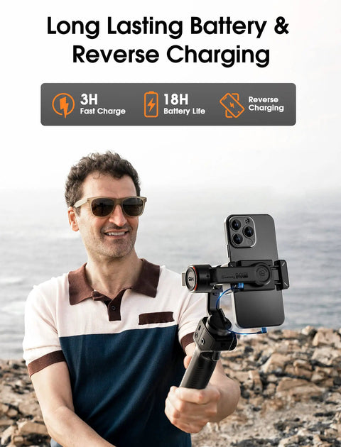 Man using iSteady M6 Gimbal Stabilizer For Smartphone That Delivers Ultra Smooth Footage With 3 Axis Anti Shake outdoors