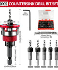 Top Shelf Countersink Drill Bit Set With Adjustable Depth Stop And Ball Bearing Guide For Woodworking 9 piece set includes storage case.