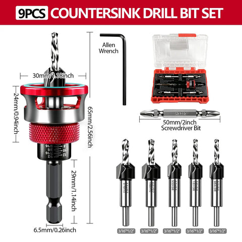 Top Shelf Countersink Drill Bit Set With Adjustable Depth Stop And Ball Bearing Guide For Woodworking 9 piece set includes storage case.