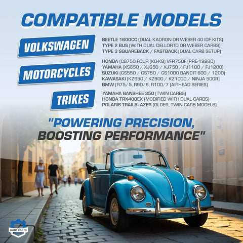 Carb Sync Tool For Motorcycle VW Trike And Dual Carbs With Universal Fit And 1 To 30 Kg Per Hour Airflow Meter Accurate No Guesswork For Quick Carb Tuning. compatible models poster with blue VW Beetle and motorcycles