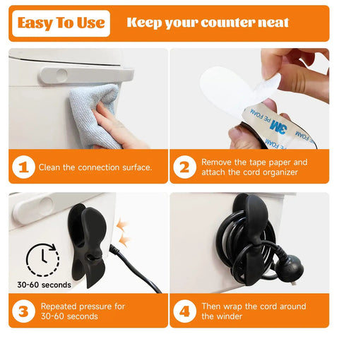 Four-step installation of Six Piece Appliance Cord Organizer Kit For Kitchen Cords Stick On Cord Wraps For Mixer Air Fryer